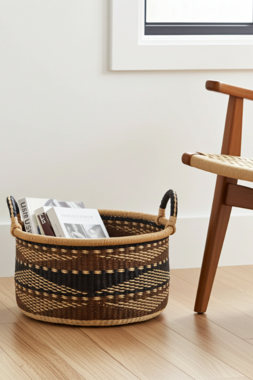 Baba-Tree-Woven-Basket-Half-Tub-Medium-Ancestral-Weave with books on a wooden floor next to a wooden chair. September Collective