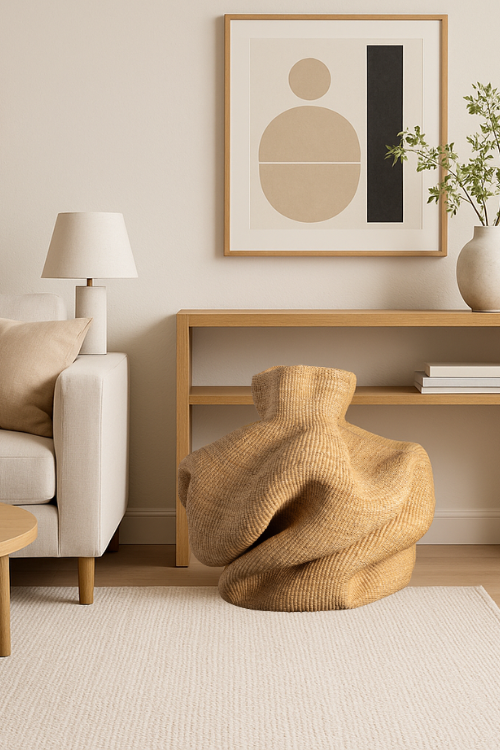 A Baba Tree Yoomelingah basket in a modern living room setting with a couch and bookshelf. All in natural tones.