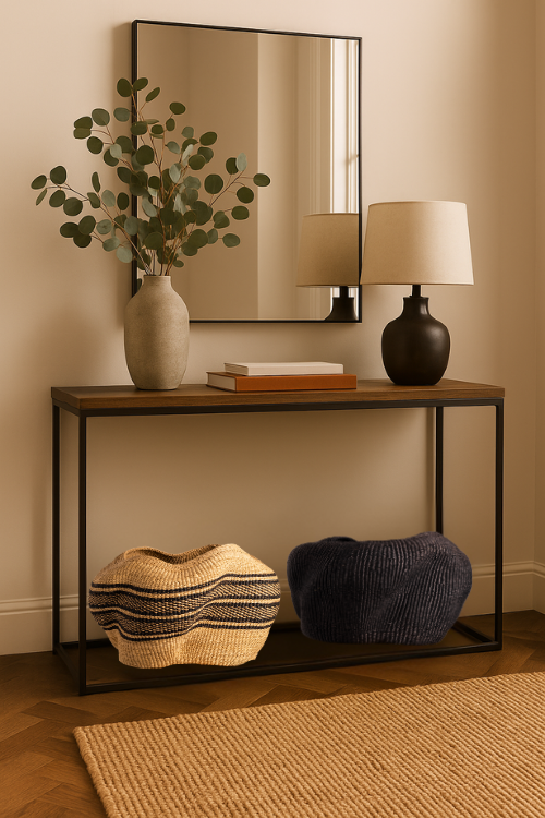 Console table with Baba tree pebble baskets in black and natural and black