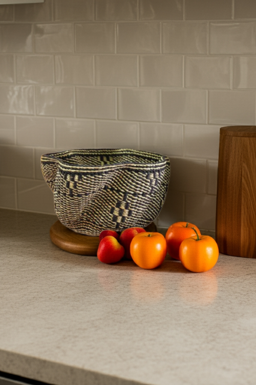 Petite Pakurigo Wave Basket - Black and Natural Essence on a kitchen counter with fruits.