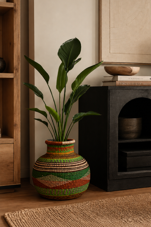 A potted green plant with long leaves in a round, hand-woven baba tree basket vase featuring green, orange, red, and beige stripes, styled in a warm, modern interior setting.