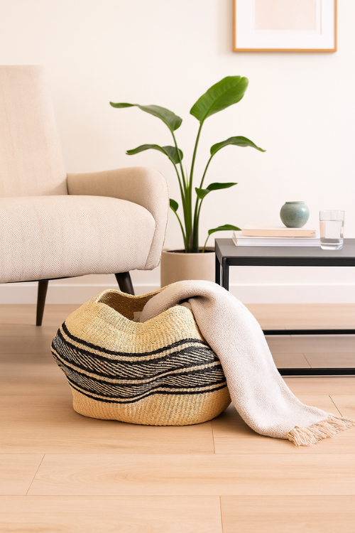 Pebble Art Basket - Ebony and Natural in a living room setting on a floor with a blanket in it.