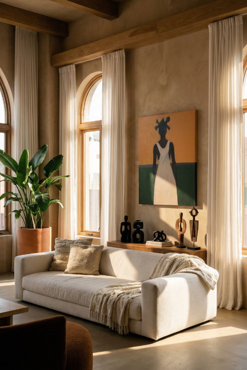 Cozy living room with a white sofa, decorative pillows, and a painting of Horizons Dream III Canvas Wall Art by Rhen on the wall.