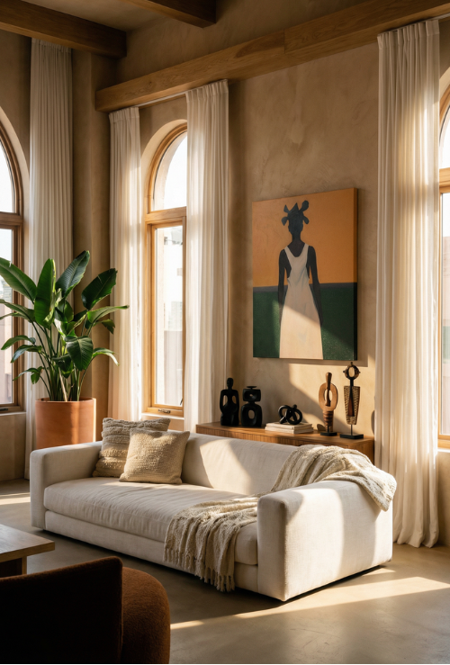Cozy living room with a white sofa, decorative pillows, and a painting on the wall.