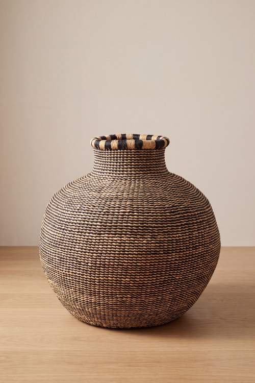 Jemima-10-Cows-Basket-Ebony-Natural-Coil-september-collective-styled-room with a narrow neck and a striped rim, made from natural brown and black fibers, sitting on a light wood surface against a neutral beige background.