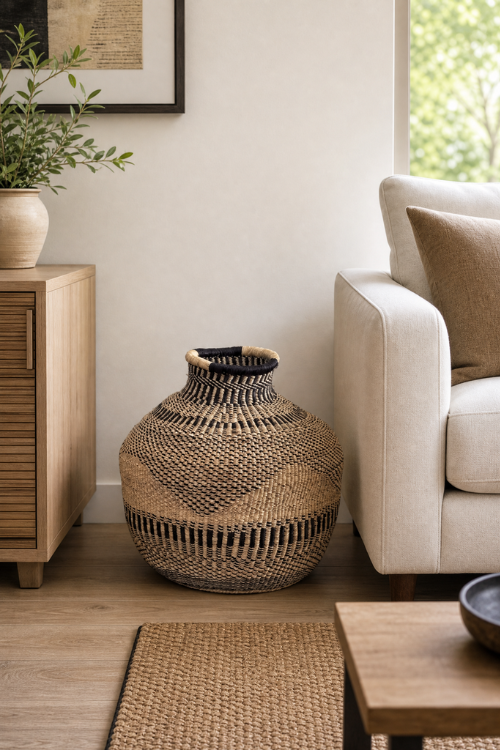 A Jemima 10 cows woven natural-fiber basket with a dark handle, placed on a wood floor in a styled living room beside a cream sofa, wooden cabinet, and rug.