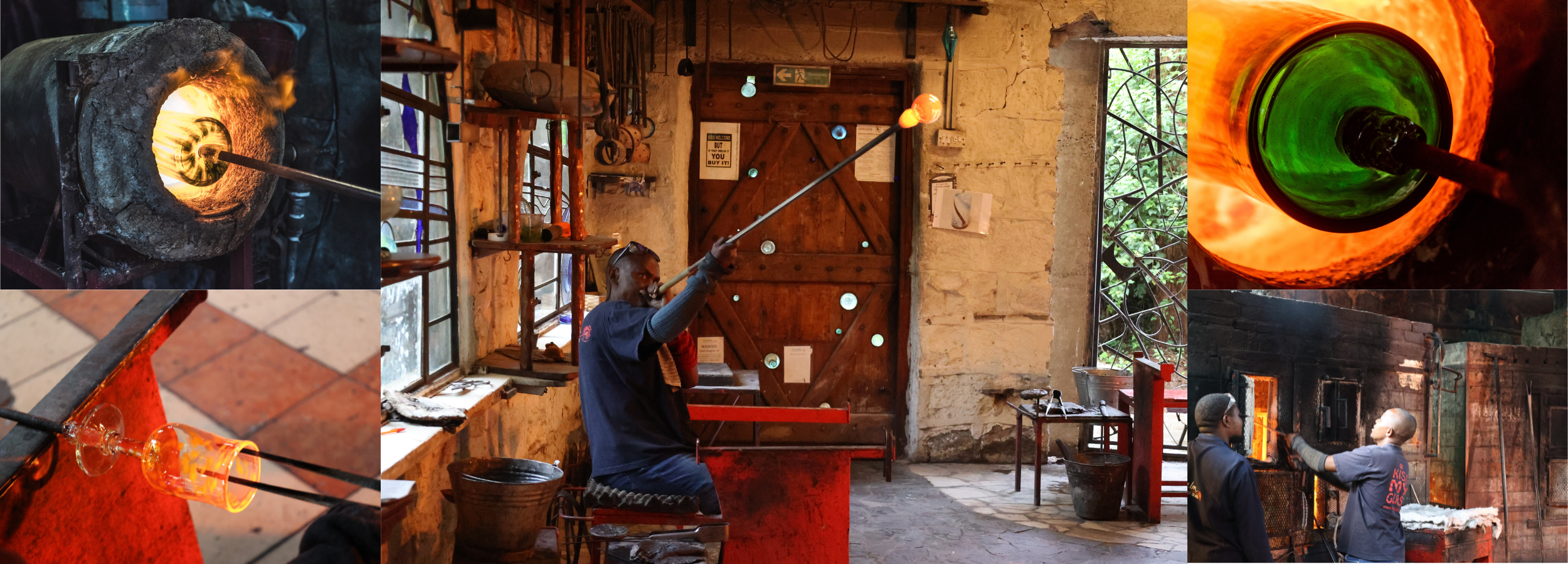 Collage of images showing glassblowing processes in Kitengela workshop