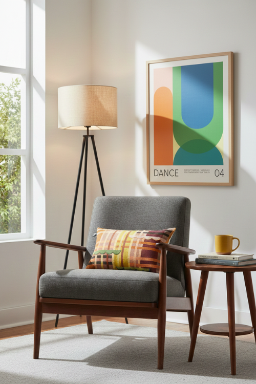 Living room with a gray armchair, colorful Lulasclan Pillar Linen Embroidered pillow, and framed Holly McWhorter "Dance" abstract print on the wall.