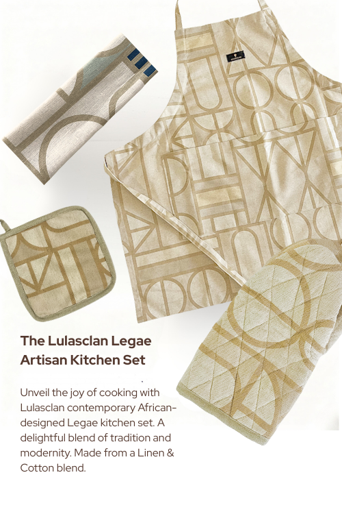 Lulasclan Legae Artisan Kitchen Set with apron, pot holder, and towel on a white background
