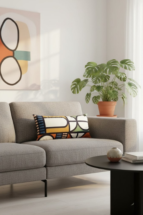 Legae Velvet Lumbar Pillow Cover - Living room with a gray sofa, legae velvet lumbar pillow, and potted plant.-September Collective