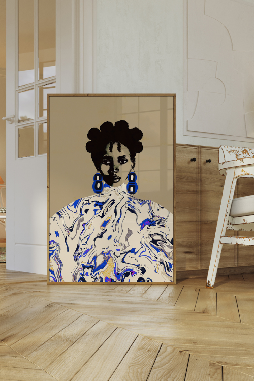 "Makara" Fine Art Print Black Portrait in 16x20. This statement piece features a confident Black woman with sculptural bantu knots, adorned with geometric cobalt blue earrings against a mesmerizing blue marble pattern.