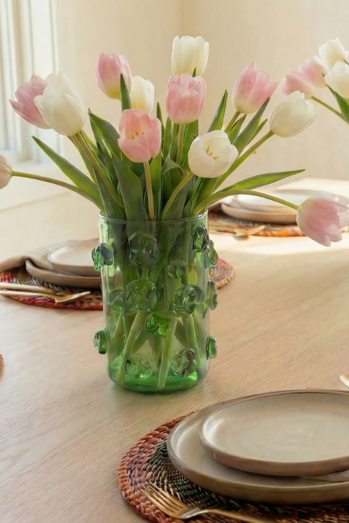 Nywele vase Moss design by September Collective  x Kitengela Glass, featuring a sleek shape and vibrant moss accents.