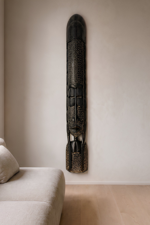 African wall sculpture by Tekura featuring the Obaa Ashen totem design for wall decor or interior accents.