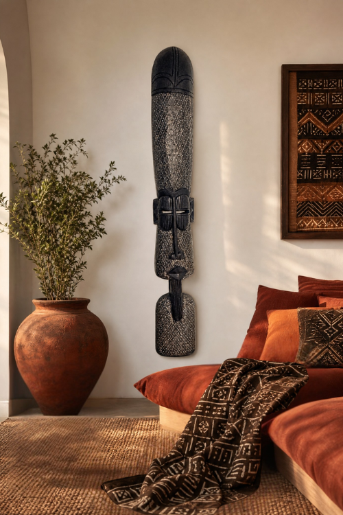 Ashen Obarima African wall totem sculpture by Tekura, featuring traditional carved design on a wooden wall mount.