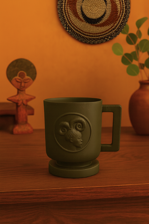 Black mug with ram design on a wooden surface with decorative items in the background.