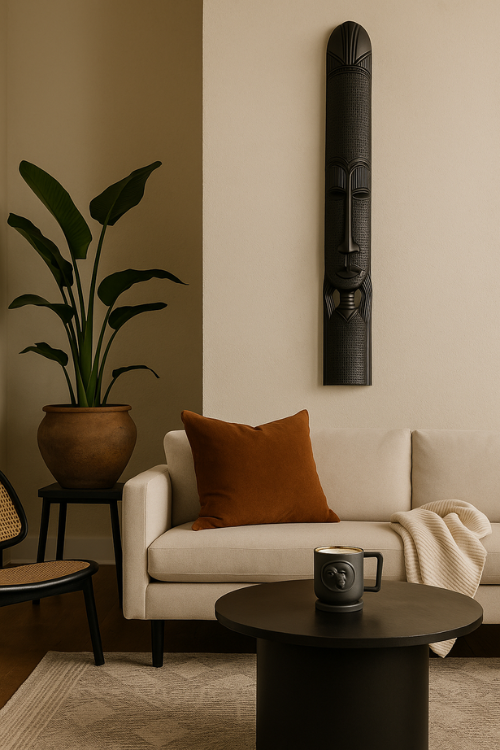 Ram Girl Porcelain Black Mug in a living room with beige sofa, plant, and wall art