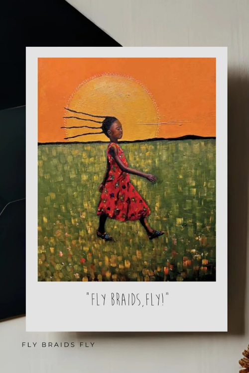 Rhen Art print card of a black girl in a red dress with braids walking in a field towards a setting sun.