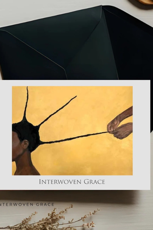 Rhen Artistic depiction on Card of two hands interwoven with text 'Interwoven Grace' on a yellow background.