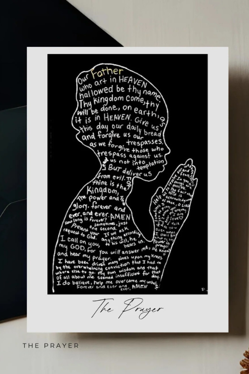 Rhen Art card of a praying figure with text on a black background