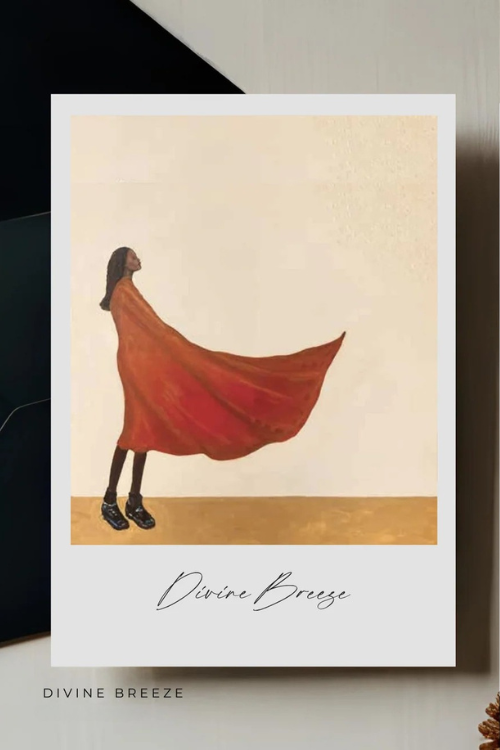 Art print card of a woman in a red dress with 'Divine Breeze' text on a beige background
