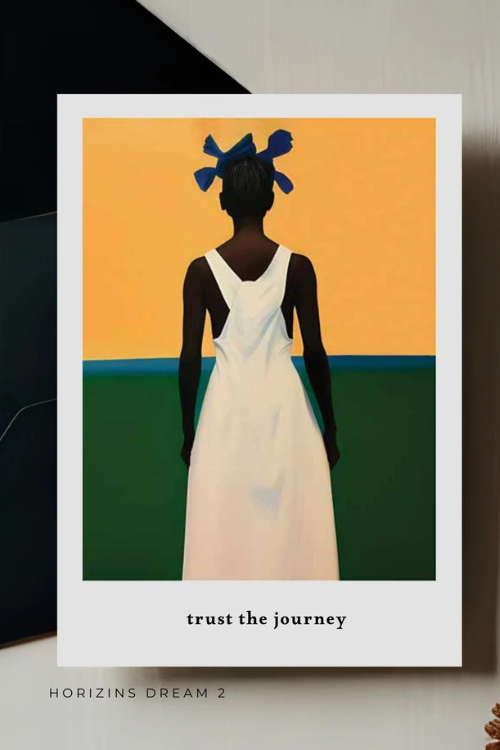 Rhen Art Card of a woman in a white dress with blue hair accessories against an orange and green background, featuring the text 'trust the journey' and 'Horizons Dream 2'.