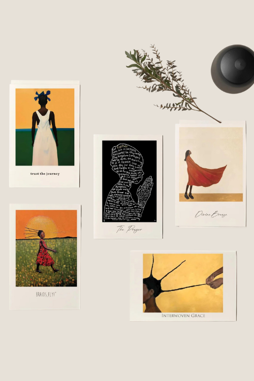Rhen Collection of artistic prints featuring women in various poses and settings on a beige background.