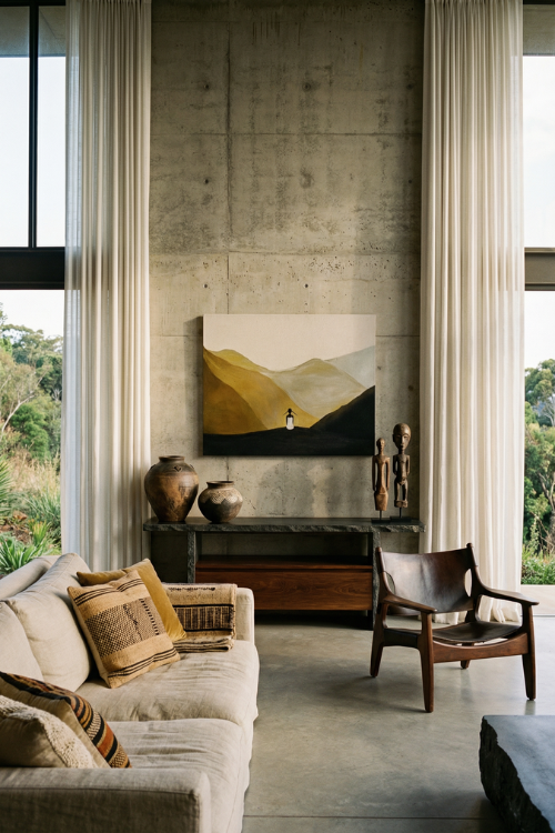 Rhen Ovation black canvas art titled "Alone with the Giants" featuring abstract design on a rectangular canvas.