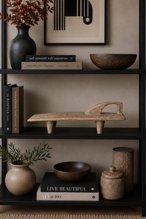 A styled interior shelf scene with books, ceramic bowls, a vase with dried branches, a senufo sculpture, and framed wall art against a warm beige wall.