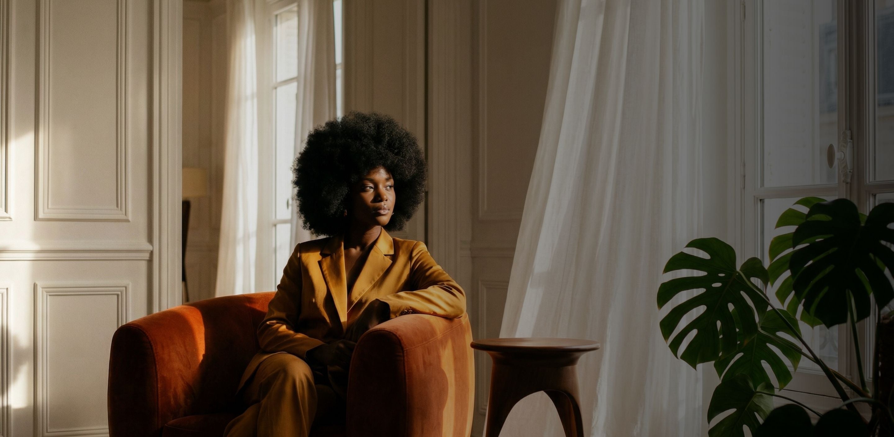 Black woman sitting on a chair in a room with a Djembe table and sunlight filtering through curtains