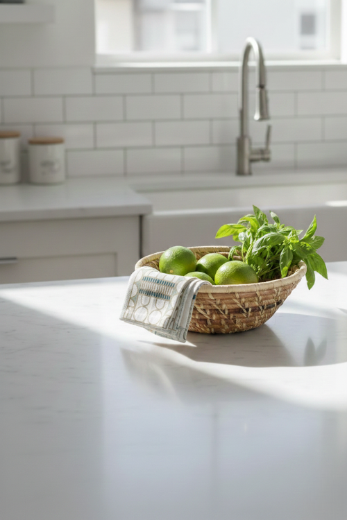 September Harvest Raffia Basket on a kitchen counter