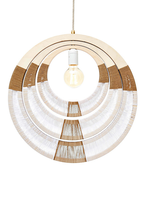 South African woven pendant light by Modern Gesture featuring a necklace-inspired design, hanging from a minimalist fixture.