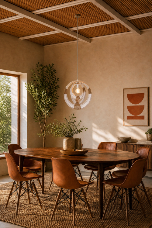 South African woven pendant light by Modern Gesture hanging above a dining table, featuring intricate woven design and warm lighting.