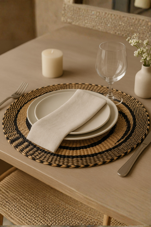 Baba Tree Coastal Currents placemats with ocean-inspired blue and white wave patterns on a dining table.