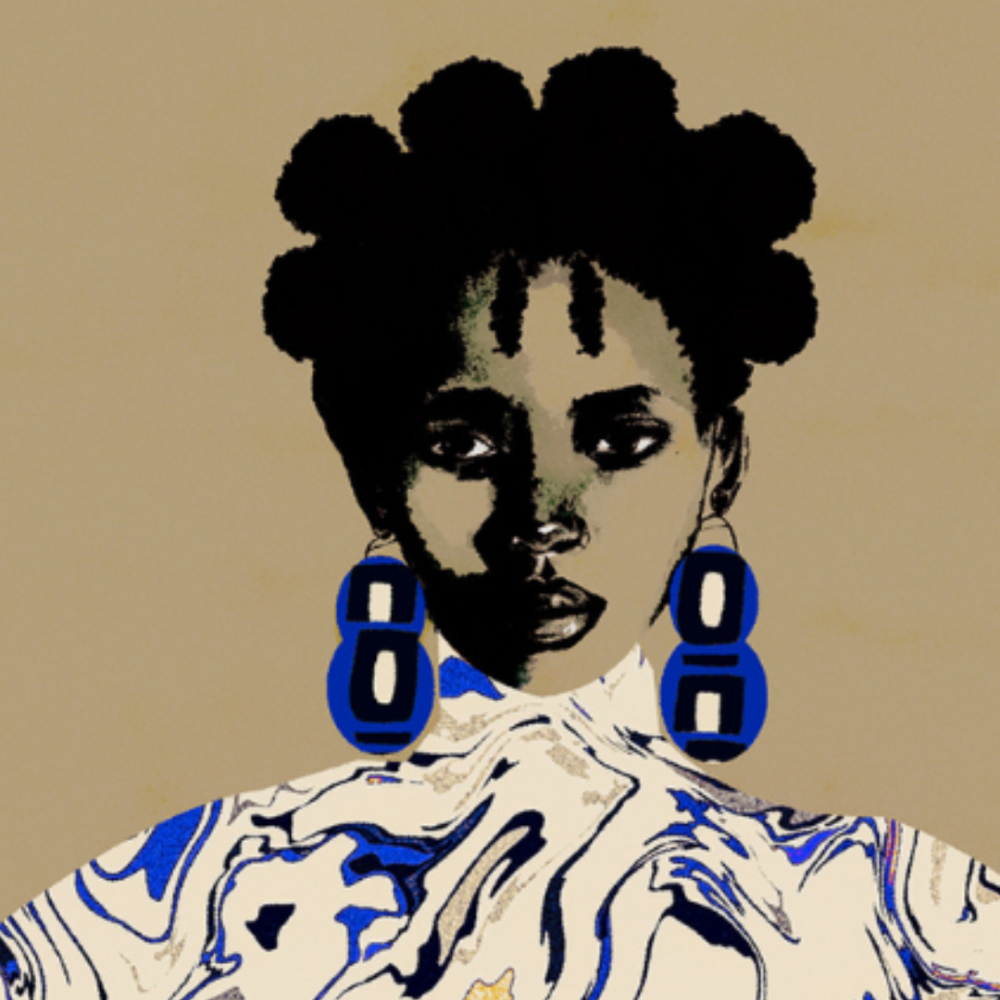 Illustration of a black woman with bantu knots and large blue earrings on a beige background