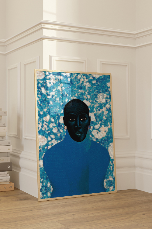 "Tabanca" Fine Art Print is a striking portrait that depicts a black woman enveloped in a deep watery palette of textured blue hues, creating an ethereal atmosphere that blurs the lines between being underwater and floating among the clouds.