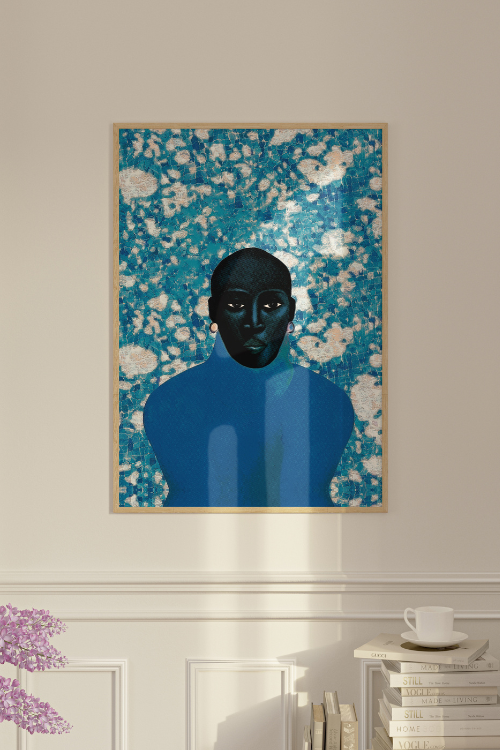 "Tabanca" Fine Art Print is a striking portrait that depicts a black woman enveloped in a deep watery palette of textured blue hues, creating an ethereal atmosphere that blurs the lines between being underwater and floating among the clouds.