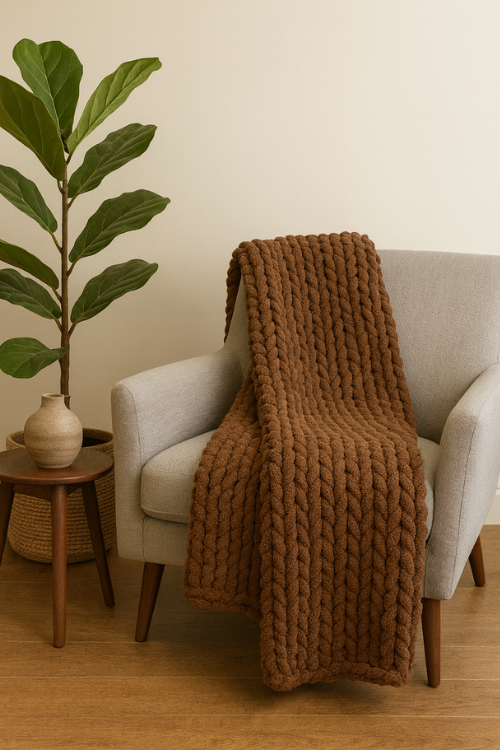 Chococate Brown knitted blanket draped over a gray armchair in a room with a plant and side table.