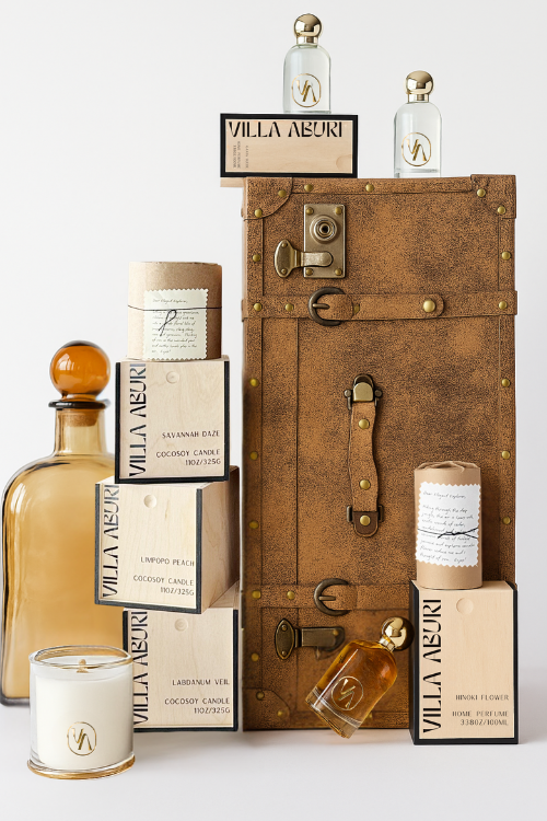 Villa Aburi Savannah Daze Luxury Room Spray in a styled shot with various scents and an old fashioned suitcase - September Collective