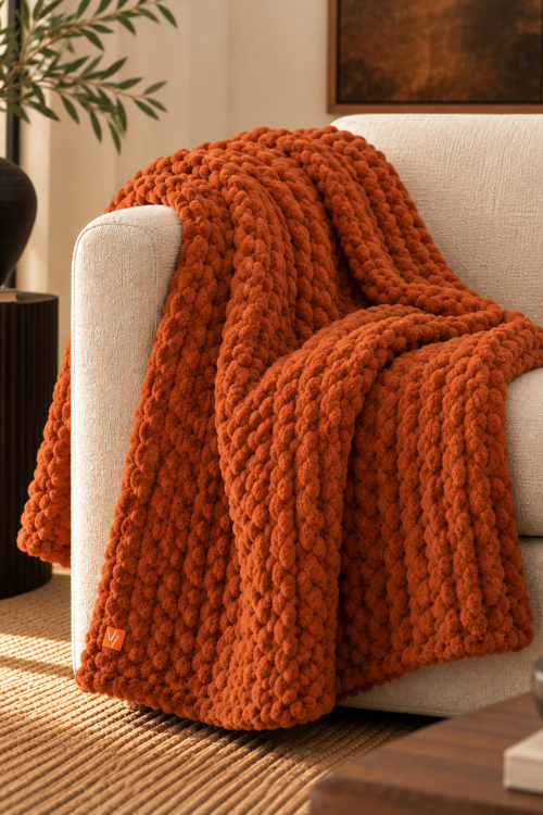 Villa Aburi chunky knit throw blanket in burnt orange, hand-knit with soft, cozy yarn for stylish comfort.