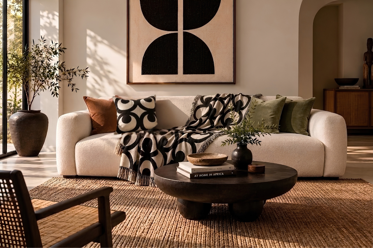A styled living room scene featuring a cream-colored sofa decorated with Villa aburi mate masie black and white patterned pillows and a matching throw blanket, set against a warm beige wall with a framed abstract print. A dark round coffee table sits on a woven jute rug in the foreground.