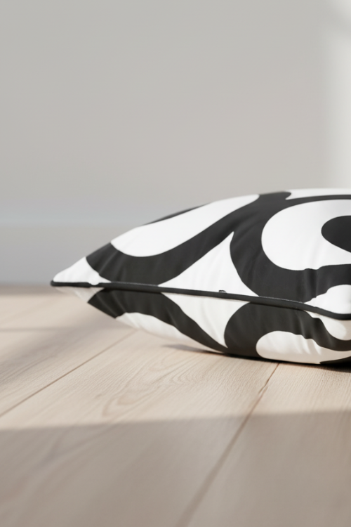 Villa Aburi Mate Masie Pillow in 100% Organic Cotton on a wooden floor with a neutral wall background