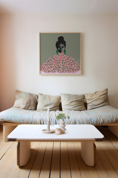 "Yagazie" Fine Art Print size 20x20. This statement piece features a confident Black woman adorned with geometric pink and green dress with green earrings against a soft green background.