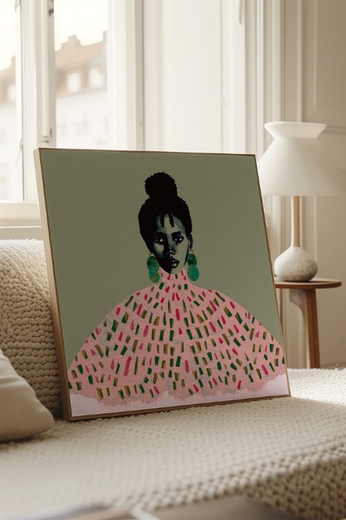 "Yagazie" Fine Art Print size 20x20. This statement piece features a confident Black woman adorned with geometric pink and green dress with green earrings against a soft green background.