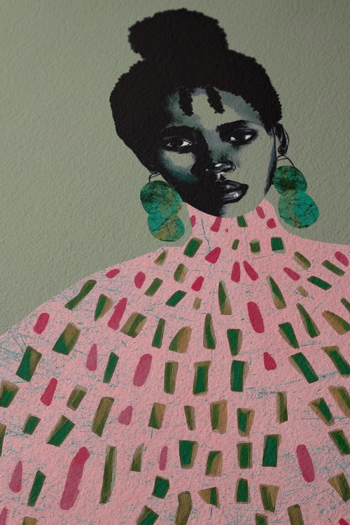 "Yagazie" Fine Art Print size 20x20. This statement piece features a confident Black woman adorned with geometric pink and green dress with green earrings against a soft green background.