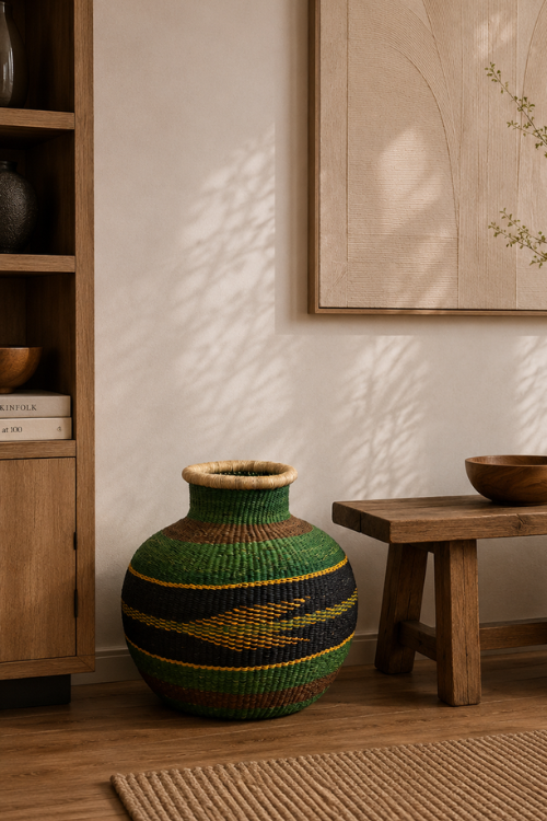 A large woven decorative baba tree basket with green, black, yellow, and brown geometric patterns sits on a wooden floor in a styled room setting with a wooden bench, wall art, and shelving.