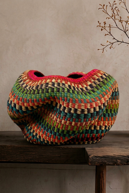 A large, organic-shaped woven baba tree basket, featuring a vibrant multicolor pattern of pink, green, blue, orange, and beige stripes, displayed on a rustic dark wooden table against a textured beige wall.
