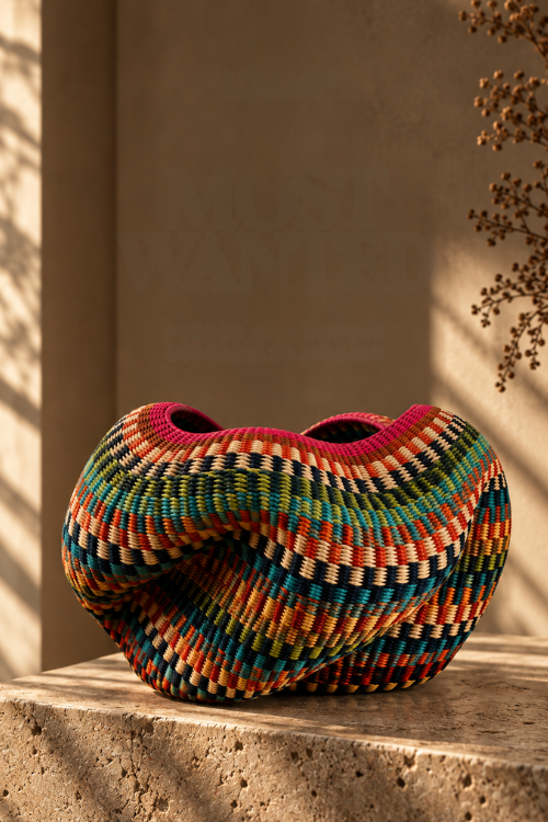 A hand-woven baba tree pebble basket  featuring a vibrant multicolor pattern of red, orange, yellow, green, blue, and black. It is displayed on a textured stone ledge in warm, sunlit natural light.
