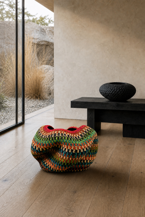 A colorful handwoven baba tree pebble art basket sits on a light wood floor in a modern interior setting with a black bench and a textured ceramic black bowl against a beige wall.