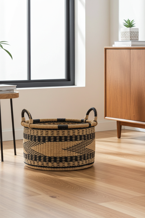 baba-tree-Woven-Basket-Half-Tub-Medium-Ebony-Triangle-with black pattern on a wooden floor near a window