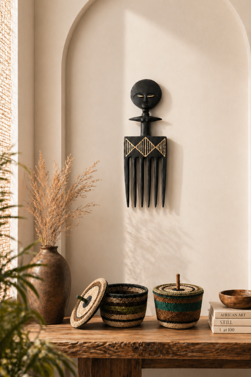 Tekura Akuaba comb wall hanging sculpture featuring a stylized baba tree design, crafted as a decorative vignette.